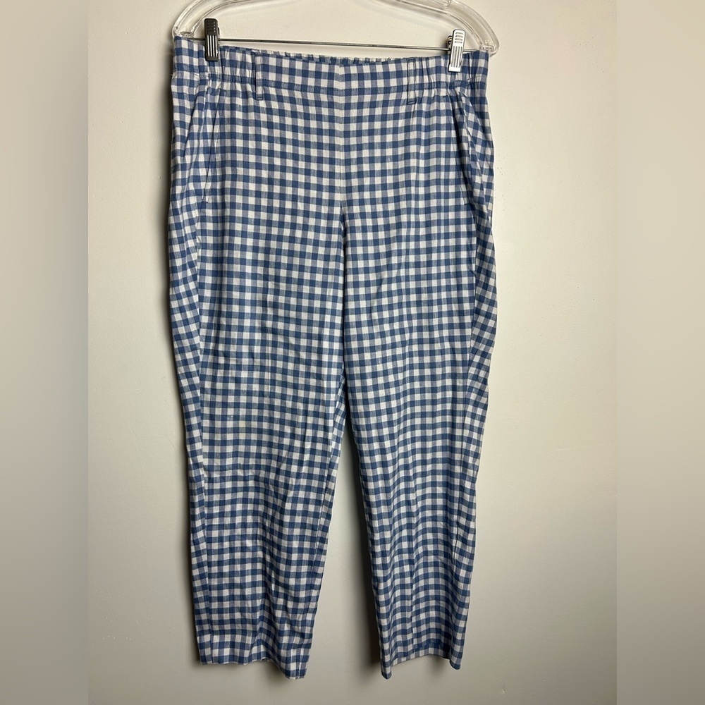 J.Jill Women Linen Pants M White-Blue Checkered Cottage English country Side